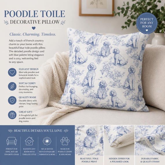 Dekokissen „Pudel“ aus blauem Toile-Jouy-Stoff, französischer Landhausstil, Hundedeko