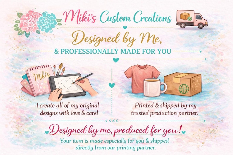 May include: An illustrated graphic with the text "Miki's Custom Creations" and "Designed by Me, & PROFESSIONALLY MADE FOR YOU." The image includes a pink t-shirt, a mug, a package, and a drawing tablet. The text says "I create all of my original designs with love & care!"
