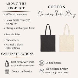 May include: A black and a natural-colored cotton canvas tote bag. The text reads: ABOUT THE PRODUCT, 100% cotton canvas, Heavy fabric (12 oz/yd&sup2;), Strong, durable spun fibers, Sewn-in label, Flat corners, Natural & black color options, CARE INSTRUCTIONS.