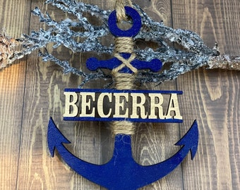 Personalized Anchor Christmas Ornament: Split Name Nautical Car Charm