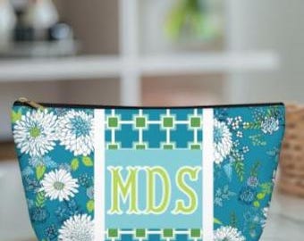 Monogrammed Chinoiserie Mahjong Tile Bag: Blue Green Floral Pattern Floral Accessory Pouch