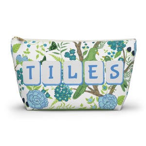 Chinoiserie Mahjong Tile Bag: Blue Green Floral Accessory Pouch image 4