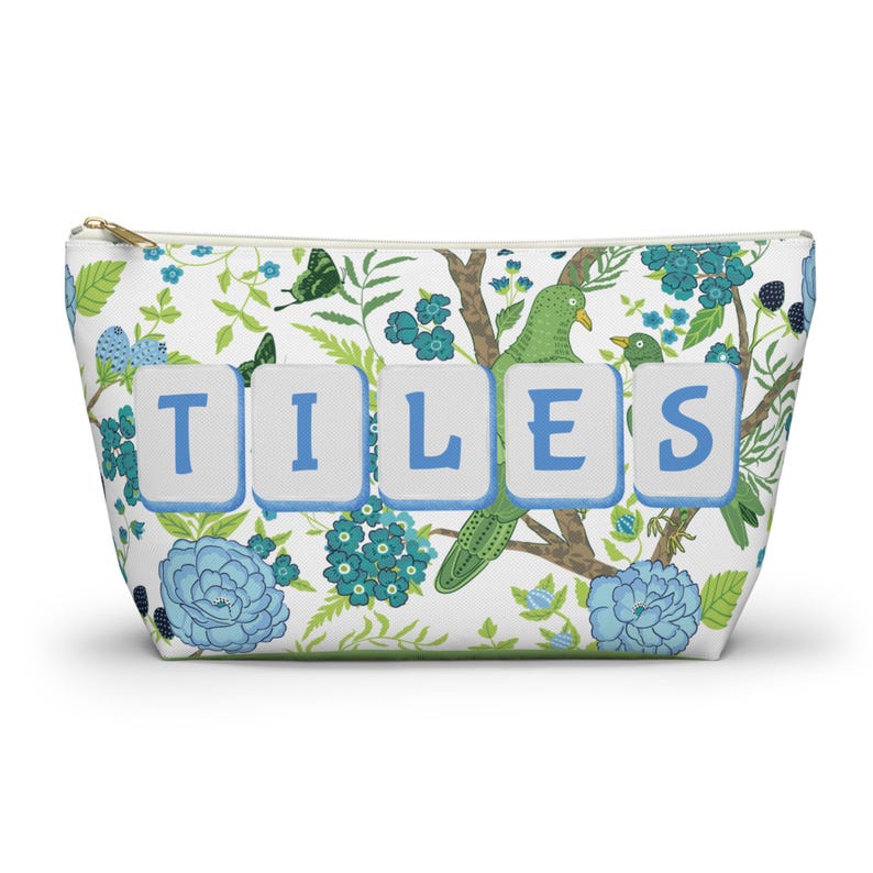 Chinoiserie Mahjong Tile Bag: Blue Green Floral Accessory Pouch image 4