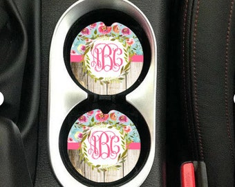 Floral Monogrammed Car Coaster: Personalized Sandstone Cup Holder