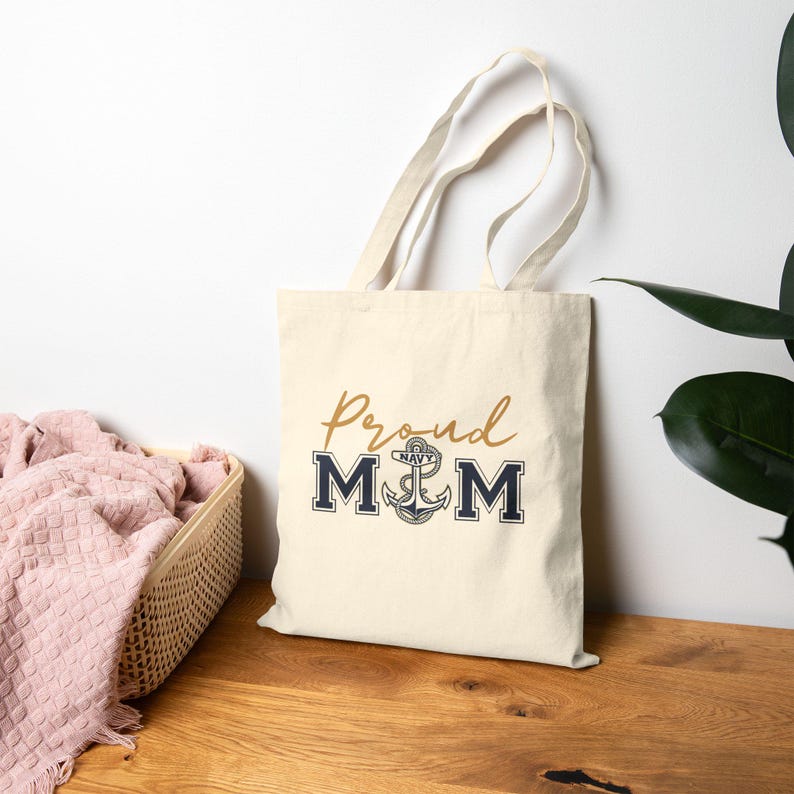 Proud Mom Anchor Tote Bag: Navy Nautical Canvas Shopping Bag image 1