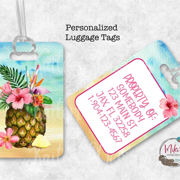 Watercolor Pineapple Cocktail Luggage Tag /Custom Luggage Tag/ Personalized Bag Tag/Name Tag/ Travel Tag/Luggage Tag/Beach Theme