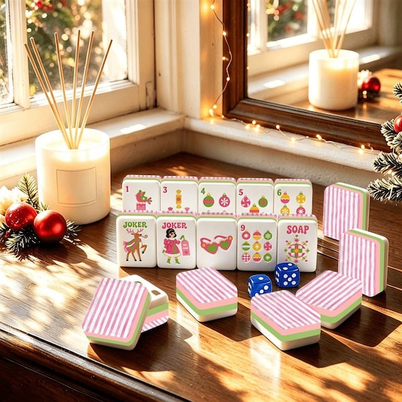 Preppy Pink Christmas Mahjong Tiles, 160-Piece American Mahjong Set