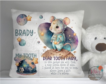 Personalized Tooth Fairy Pillow: Boy Space Mouse Pocket Pillow