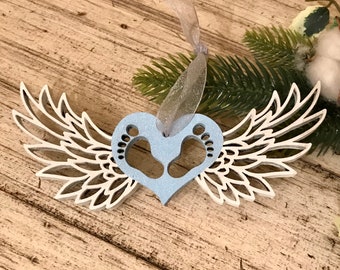 Baby Memorial Ornament: Baltic Birch Angel Wings, Footprints