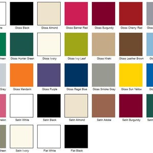May include: A chart of 30 different paint colors, including gloss and satin finishes. The colors are arranged in rows and columns, with each color labeled with its name. The colors include white, black, almond, red, burgundy, cherry red, gray, green, ivory, leaf, khaki, brown, blue, yellow, and purple.