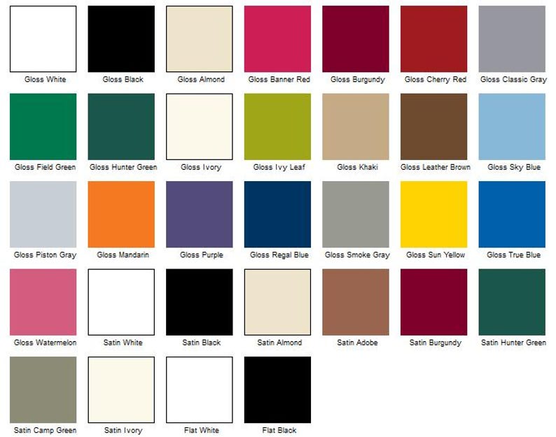 May include: A chart of 30 different paint colors, including gloss and satin finishes. The colors are arranged in rows and columns, with each color labeled with its name. The colors include white, black, almond, red, burgundy, cherry red, gray, green, ivory, leaf, khaki, brown, blue, yellow, and purple.