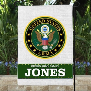 Proud Army Family Garden Flag – Personalized Military Yard Decor – Custom Name & Rank – Support Our Troops Flag