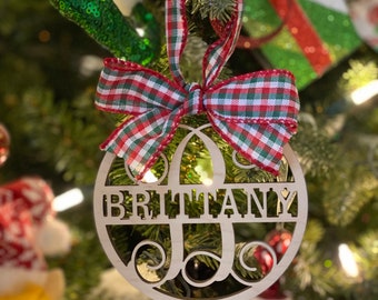 Personalized Split Monogram Christmas Ornament: Baltic Birch Wood