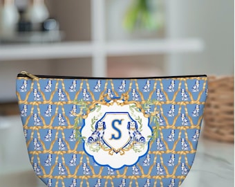 Monogram Blue Crest Dog Motif Accessory Pouch | T-Bottom Makeup Bag | Mahjong Tile Bag
