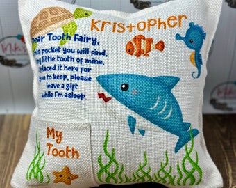 Almohada de hada de los dientes, almohada de bolsillo de hada de los dientes, almohada de hada de los dientes de niño, regalo divertido, almohada de dientes personalizada, diente perdido, tortuga de tiburón oceánico