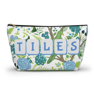 Chinoiserie Mahjong Tile Bag: Blue Green Floral Accessory Pouch image 5