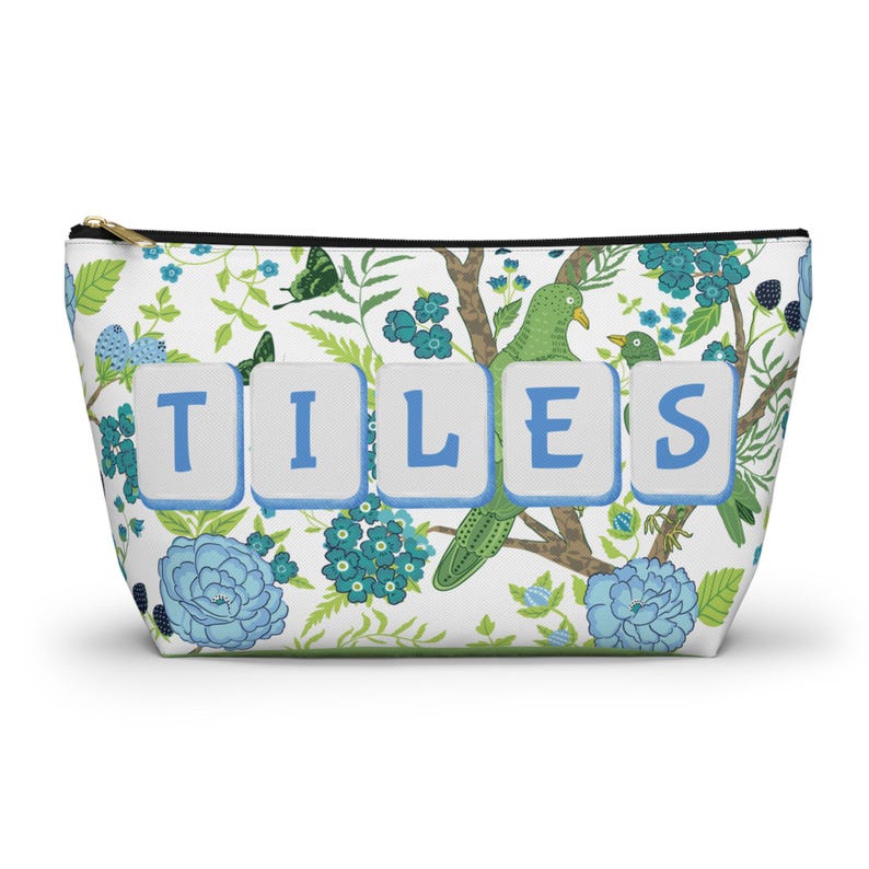 Chinoiserie Mahjong Tile Bag: Blue Green Floral Accessory Pouch image 5