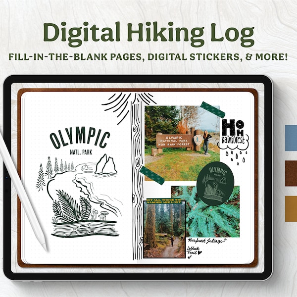 Digital Hiking Log Book, National Park Journal || Starter Bundle + Digital Stickers and Washi Tape