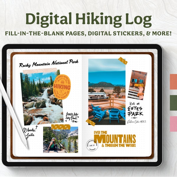 Digital Hiking Log Book, National Park Journal || Starter Bundle + Digital Stickers and Washi Tape
