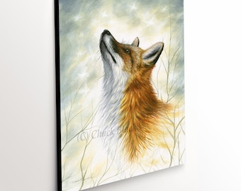 May include: A painting of a red fox with white fur on its chest and neck, looking up at the sky. The fox is surrounded by thin branches and the background is a light blue with white dots.