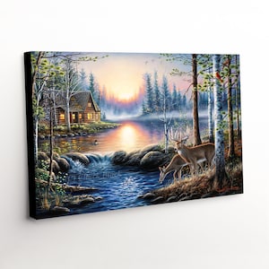 Lake Cabin Whitetail Deer Canvas Art Print - &quot;Total Bliss&quot; Painting by Chuck Black