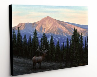 May include: A painting of an elk standing in a forest with a mountain in the background. The elk is brown with large antlers and is looking to the right. The mountain is a light brown color and is covered in trees. The sky is a light blue color with some clouds.
