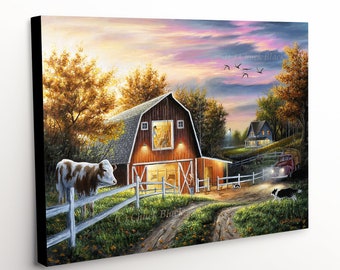 May include: A red barn with a white fence and a cow standing in the foreground. The barn has a window with a light on inside. There are trees and a dirt road leading to the barn. The sky is a soft pink and orange.