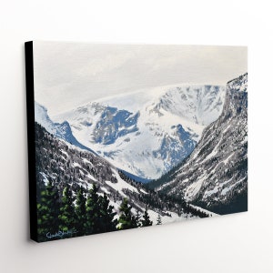 May include: A painting of a snow-capped mountain range with a valley in the foreground. The mountains are covered in white snow and the valley is filled with dark green trees. The sky is a light blue and there are clouds in the distance.