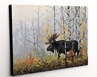 May include: A painting of a large moose standing in a forest of birch trees. The moose is dark brown with large antlers. The trees are mostly white with some yellow leaves. The background is a hazy gray.