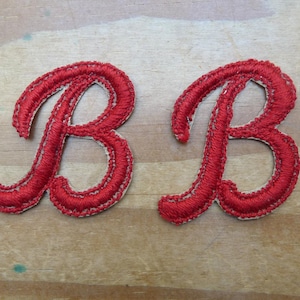 2 Vintage Red Script Letter B Patches. Embroidered. Cut out. Sew on. 1 3/4" (7cm)