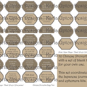 Könnte beinhalten: Ein Satz von 32 chinesischen Sprichwörtern, die auf braunen Etiketten mit einem beigefarbenen Rand gedruckt sind. Die Etiketten sind in einem Raster auf einem weißen Hintergrund angeordnet. Der Text "Karla Upton Designs" erscheint oben und unten im Bild. Der Text "32 chinesische Sprichwörter zusammen mit einem Satz leerer Etiketten für die eigene Verwendung." erscheint in der Mitte des Bildes. Der Text "Dieses Set passt zum japanischen Journal und den Ephemera-Kits." erscheint unten im Bild.