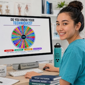 Könnte beinhalten: Eine Frau lächelt an einem Schreibtisch mit einem Computer, der ein farbenfrohes Rad mit dem Text "DO YOU KNOW YOUR TECHNIQUES?" und "SPIN" anzeigt. Eine Tasse mit "X-RAY MARKERS" steht auf dem Schreibtisch, zusammen mit Büchern und einer Wasserflasche.