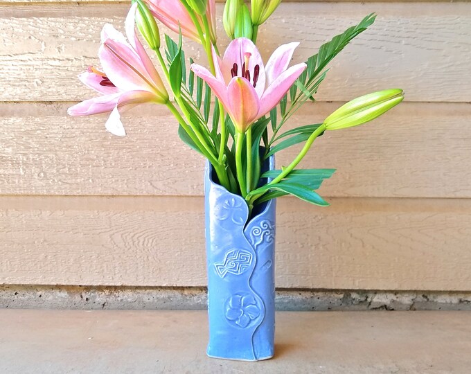 Japanese Kanji Flower Vase, Blue, Handbuilt Pottery W/japanese Stamps