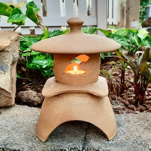 Handmade Stoneware Japanese Lantern, Red Yukimi, Zen Garden Decor