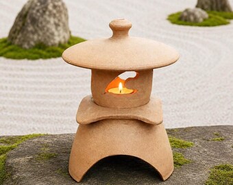 Authentic Japanese ceramic Lantern, Zen garden　4 window Yukimi, handmade pottery candle holder, Asian Garden Decor, made in Hawaii, 9"H