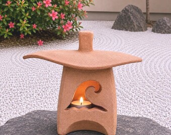Handmade Japanese Windblown Stoneware Lantern, Four-Sided Zen Garden Candle Holder, 5 1/2"H