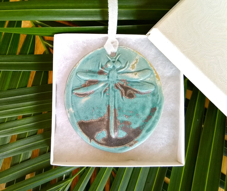 3Round pottery ornament Blue in gift box Japanese Dragonfly Holiday Ornament Japanese charm Turquoise Made on Hawaii