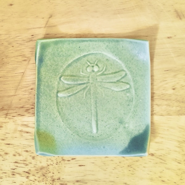 Dragonfly ceramic plate, Dragonfly ring holder, for Incense, spoon, teabag, Japanese Trinket Dish, Asian home decor, made on Hawaii, 3 5/8"