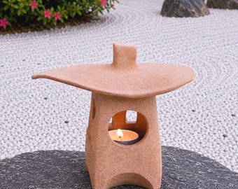 Handmade Japanese Wind-Blown Stoneware Lantern, Ceramic Tea Light Holder, 5 1/2"H