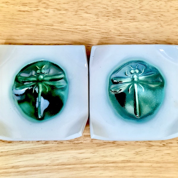 Dragonfly ceramic ring holder plate 4" White & Green for Incense, spoon, teabag, soap, Japanese Trinket Dish, Asian home decor, Maui Hawaii