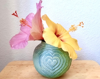 Light green Vase w/heart, Gift Vase for a couple, ceramic topographical flower vase, Zen Home table decor, Maui handmade Pottery, 3 3/4"H