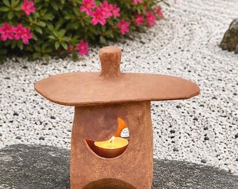 Handmade Japanese Moon Stoneware Lantern, Zen Garden Candle Holder 6 1/4"H