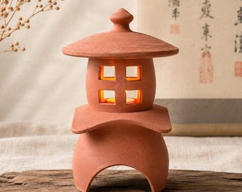 Handmade Japanese Yukimi Stoneware Lantern, Zen Garden Decor, Ceramic Candle Holder, 9 7/8"