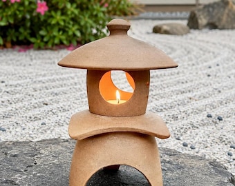 Handmade Japanese Yukimi Stoneware Lantern, Japanese Good Luck Symbols, Zen Garden Decor, Ceramic Candle Holder, 9 1/2"H