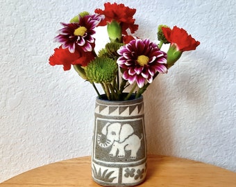 Elephant, Butterfly sgraffito vase 3 1/2"H, Hand carved design, Hawaii made, ceramic vase, Holiday gift flower vase, Black on white pottery