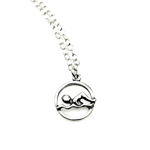 Sterling Silver Womens 1mm Box Chain Swimmer Swimming In Water Pendant Necklace