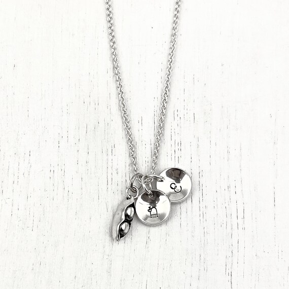 TWO PEAS in a Pod • TWINS • Mommy Necklace • Personalized Initial of Kids •  Hand Stamped • Sterling Silver