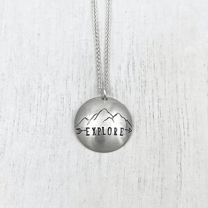 EXPLORE • Mountains • Hiker • Hike • Mountain Climber • Nature • Hand Stamped • Sterling Silver • Necklace