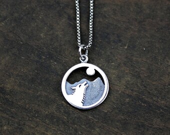 WOLF HOWLING at the MOON Pendant Necklace in Layered Sterling Silver