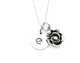 ROSE INITIAL Necklace in Sterling Silver - June birthday gift - wedding flower girl necklace gift *